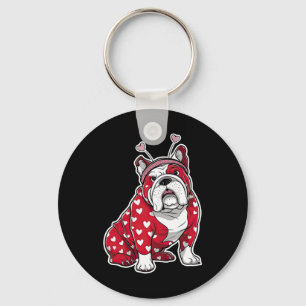 Bulldog Valentine Day Plaid Heart Pattern Dog Head Key Ring