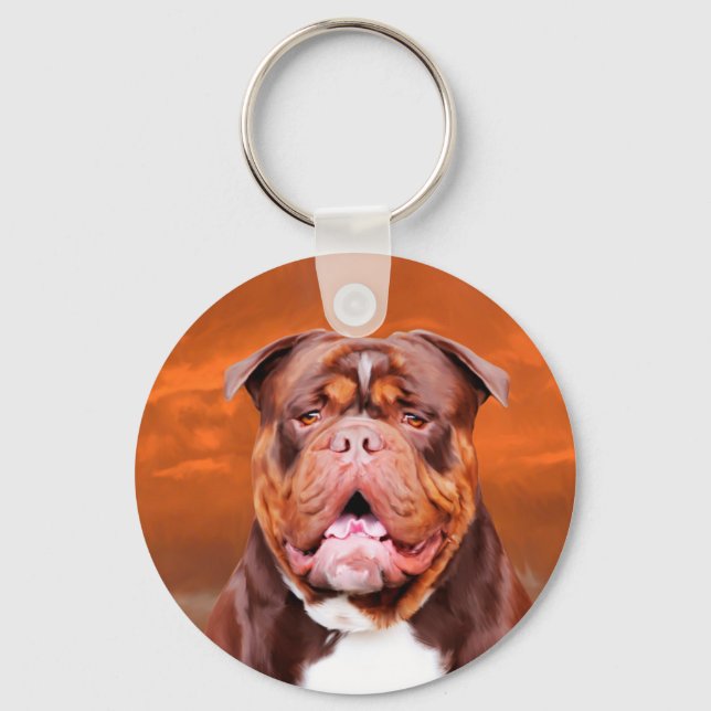 Bulldog Watercolor Art Portrait Key Ring (Front)