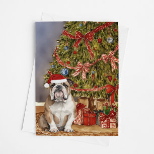 Bulldog Watercolor Under Christmas Tree Card