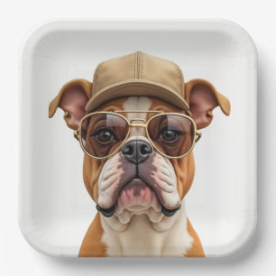 Bulldog Wearing a Cap and Sunglasses Paper Plate