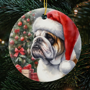 Bulldog Wearing a Santa Hat Christmas Ceramic Tree Decoration