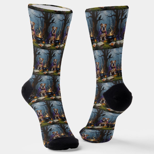Bulldog Whimsical Halloween Painting Socks (Angled)
