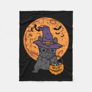 Bulldog Witch Moon Pumpkin Halloween Frenchie Dog  Fleece Blanket