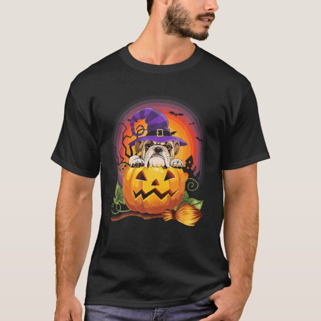 Bulldog Witch Pumpkin Halloween Dog Lover Costume T-Shirt (Front)