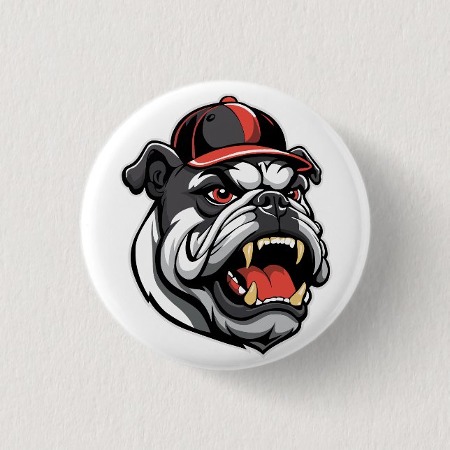 BULLDOG WITH BASEBALL CAP 3 CM ROUND BADGE (Front)