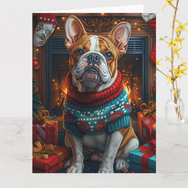 Bulldog with Christmas Gifts Fireplace Card (Yellow Flower)