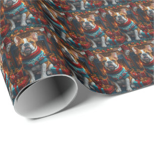 Bulldog with Christmas Gifts Fireplace Wrapping Paper