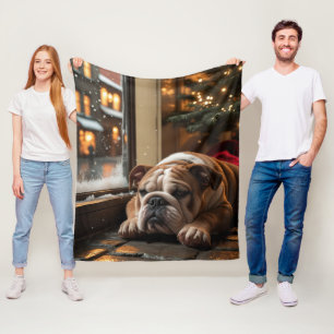 Bulldog with Christmas Lights Holiday Fleece Blanket