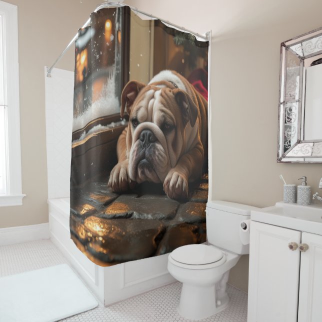 Bulldog with Christmas Lights Holiday Shower Curtain (In Situ)