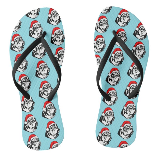 Bulldog with Christmas Santa Hat Pattern Flip Flops (Footbed)