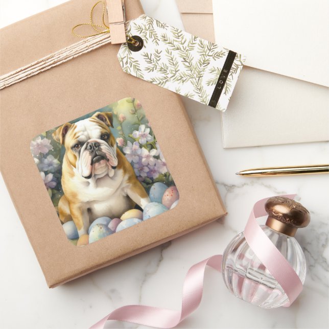 Bulldog with Easter Eggs Holiday Square Sticker (Gifting)