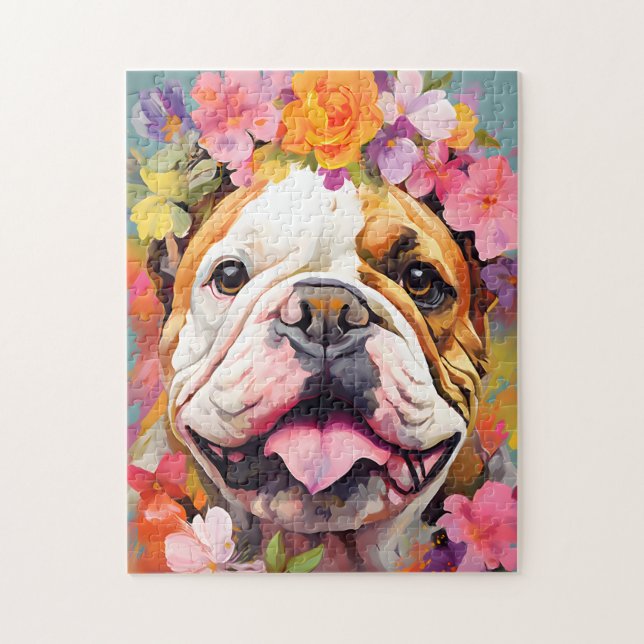 Bulldog with flower wreath jigsaw puzzle (Vertical)