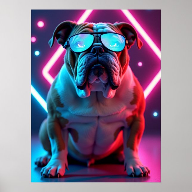 Bulldog with Futuristic Glasses – Funny Pop Art Poster (Front)