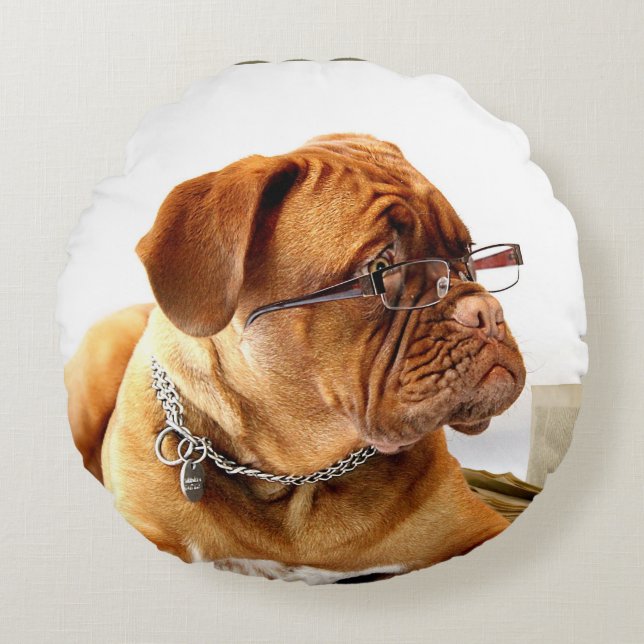Bulldog with glasses round pillow (Front)