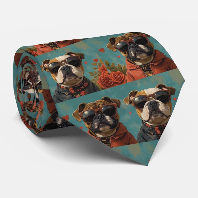 Bulldog With Heart Roses Valentine's Day Tie (Rolled)