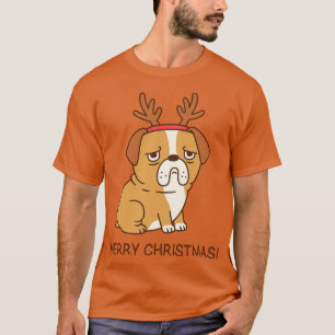 Bulldog With Reindeer Antlers Funny Merry Christma T-Shirt