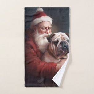 Bulldog With Santa Claus Festive Christmas Bath Towel Set