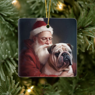 Bulldog With Santa Claus Festive Christmas Ceramic Ornament