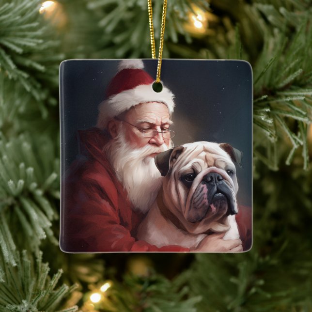 Bulldog With Santa Claus Festive Christmas  Ceramic Ornament (Tree)