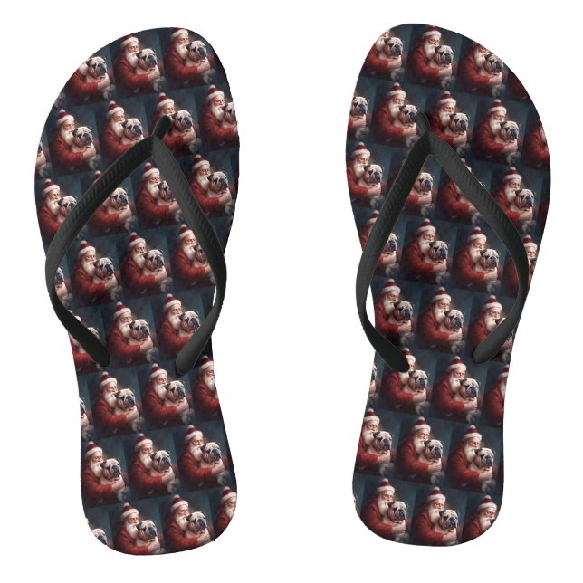 Bulldog With Santa Claus Festive Christmas  Flip Flops (Footbed)
