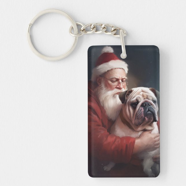 Bulldog With Santa Claus Festive Christmas  Key Ring (Front)