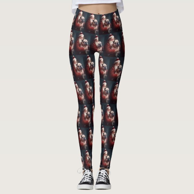 Bulldog With Santa Claus Festive Christmas  Leggings (Front)