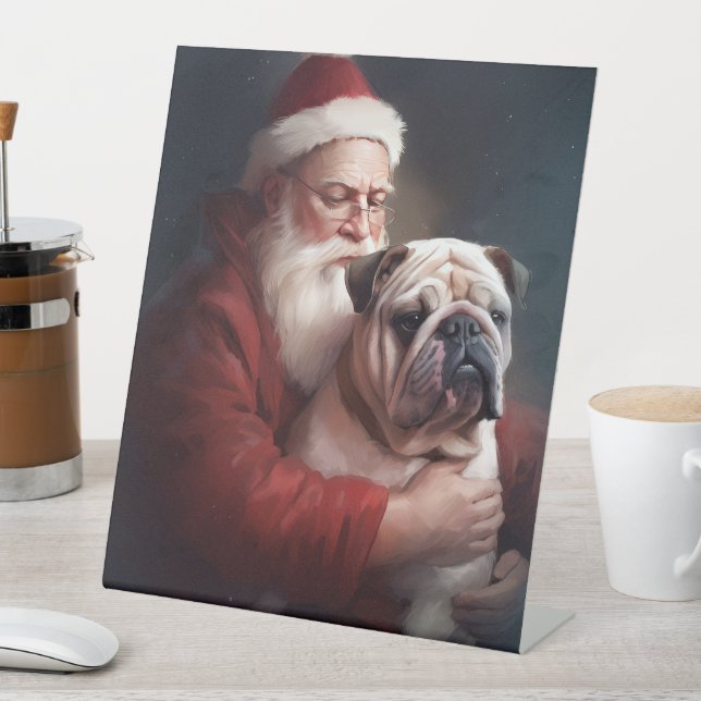 Bulldog With Santa Claus Festive Christmas  Pedestal Sign (In SItu)
