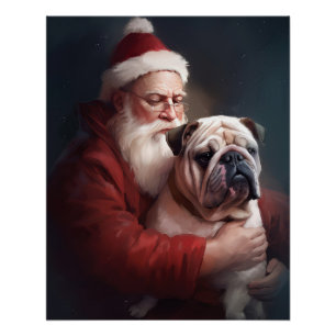 Bulldog With Santa Claus Festive Christmas  Poster
