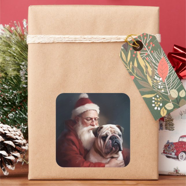 Bulldog With Santa Claus Festive Christmas  Square Sticker (Holiday)