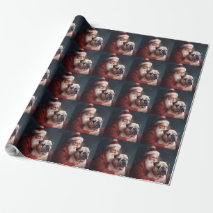 Bulldog With Santa Claus Festive Christmas  Wrapping Paper