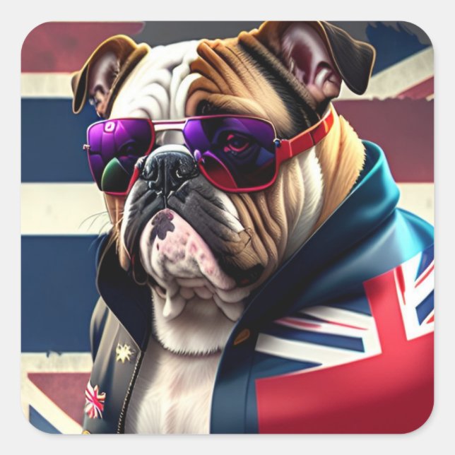 Bulldog with Union Jack Jacket Square Sticker (Front)