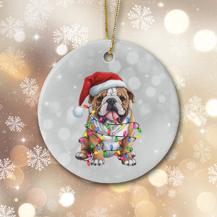 Bulldog Wrapped in Christmas Lights Ceramic Tree Decoration