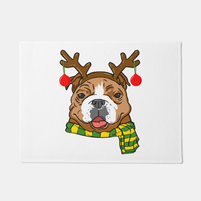 Bulldog Xmas Reindeer Horns Dog Lover Christmas Doormat (Front)