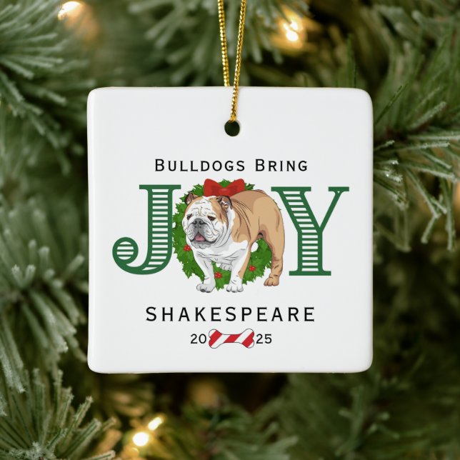 Bulldogs Bring Joy Wreath Ceramic Ornament (Tree)