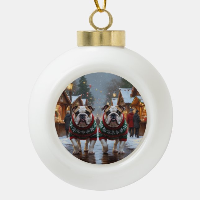 Bulldogs Christmas Snow Holiday Ceramic Ball Christmas Ornament (Front)