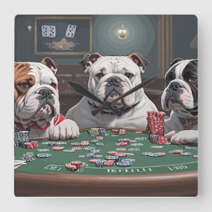 Bulldogs playing poker square wall clock