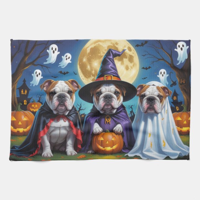 Bulldogs Pumpkin Halloween Funny  Tea Towel (Horizontal)