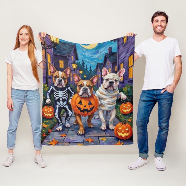 Bulldogs Trick-or-Treating in Halloween Costumes Fleece Blanket (In Situ)