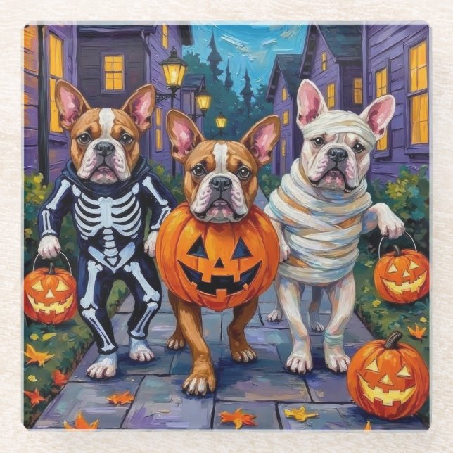 Bulldogs Trick-or-Treating in Halloween Costumes Glass Coaster (Front)
