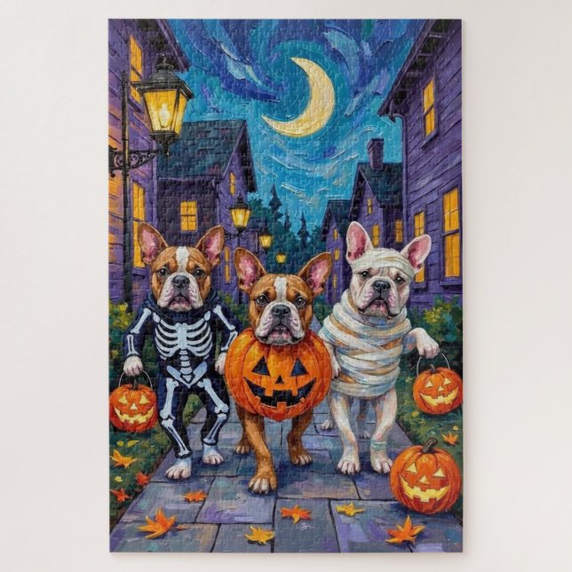 Bulldogs Trick-or-Treating in Halloween Costumes Jigsaw Puzzle (Vertical)