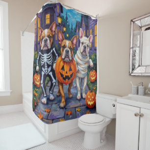 Bulldogs Trick-or-Treating in Halloween Costumes Shower Curtain