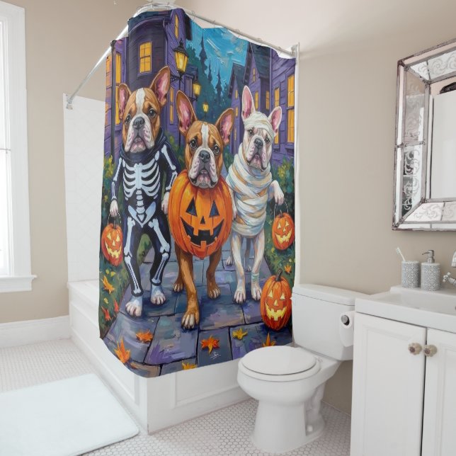 Bulldogs Trick-or-Treating in Halloween Costumes Shower Curtain (In Situ)