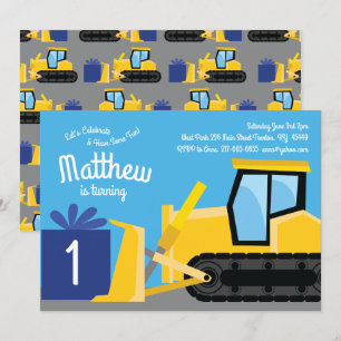 Bulldozer 1st Birthday Invitations