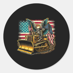 Bulldozer American Flag Halloween Skull  Classic Round Sticker