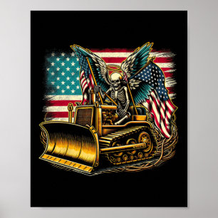 Bulldozer American Flag Halloween Skull  Poster