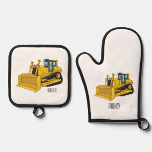 Bulldozer cartoon illustration oven mitt & pot holder set