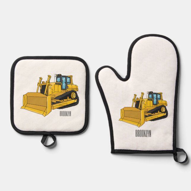Bulldozer cartoon illustration oven mitt & pot holder set (Front)