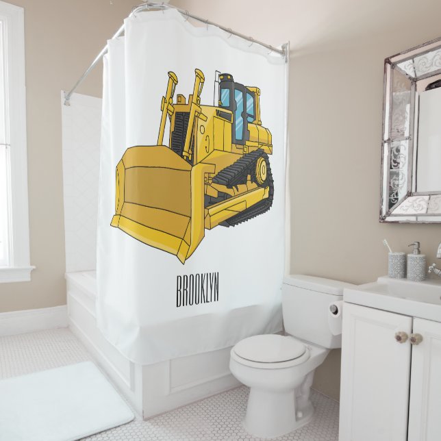 Bulldozer cartoon illustration shower curtain (In Situ)