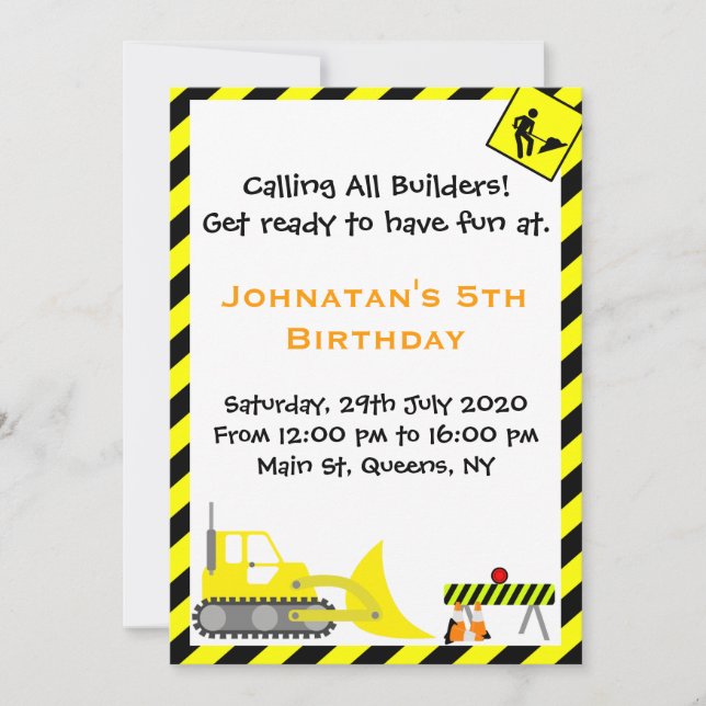 Bulldozer Construction Birthday Invitations (Front)