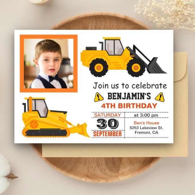 Bulldozer Construction Kids Birthday Photo Invite (Creator Uploaded)